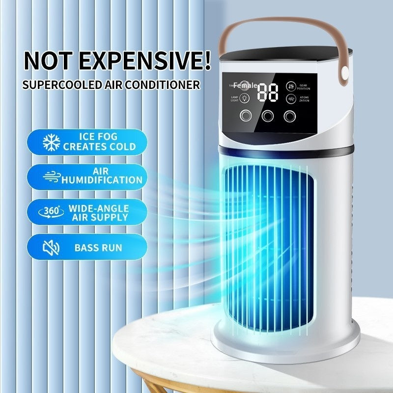 Portable mini air cooler for home or office, compact design with adjustable vents to keep your space cool and comfortable.