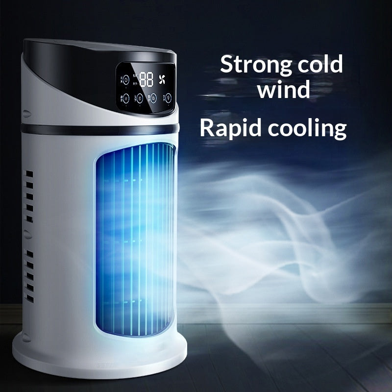 Compact mini air cooler shows a sleek device with air vents, perfect for cooling small spaces at home or work.