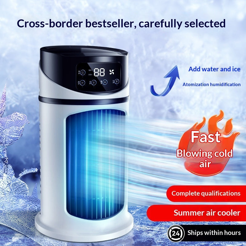 Compact mini air cooler cooling a desk area, featuring a sleek design and adjustable fan settings for personal comfort.
