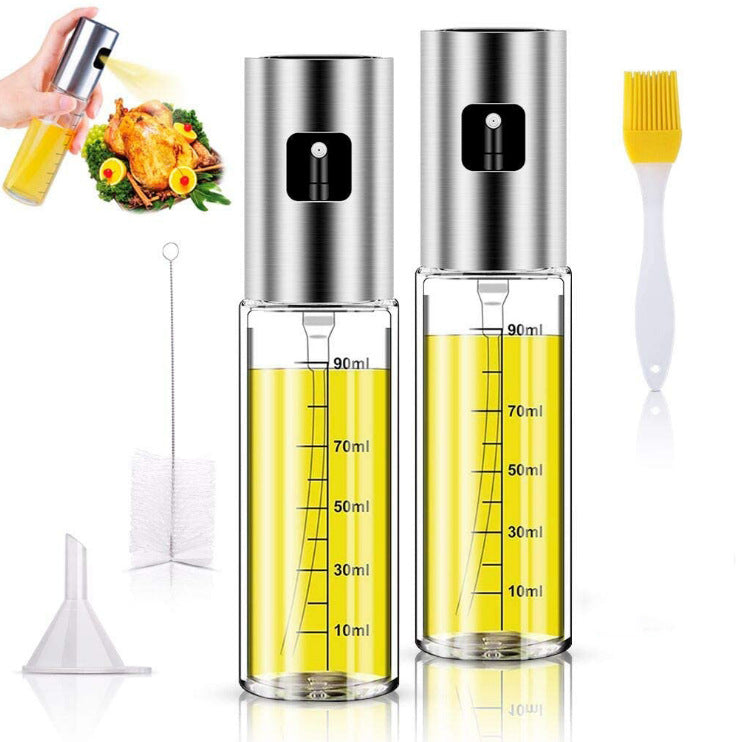 Stainless steel easy oil sprayer for grilling, baking, and cooking, with a transparent container and spray nozzle for even oil distribution.