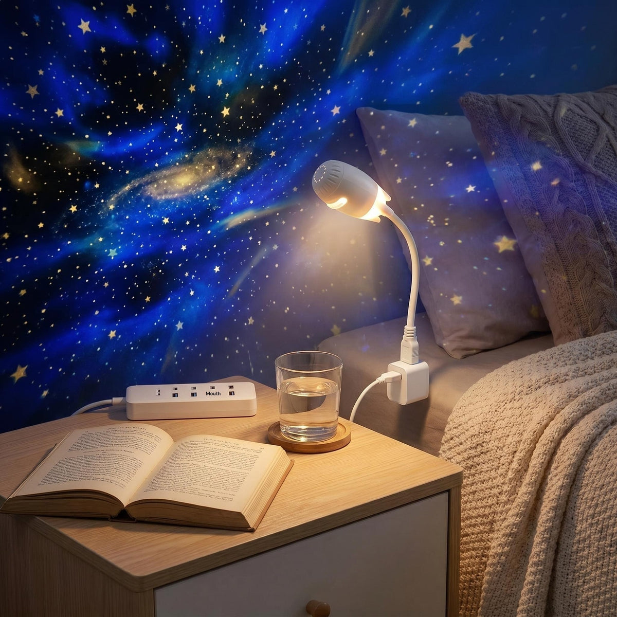 Starry Sky bedside lamp emitting soft, cozy lighting perfect for relaxing nights in a modern bedroom setting.