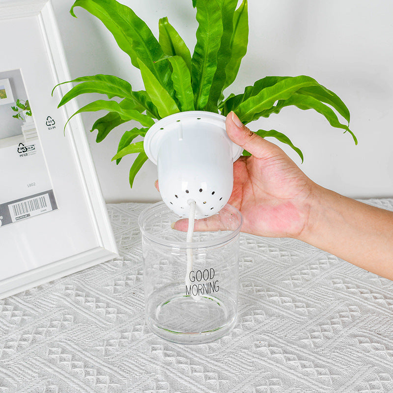 Double-tier self-watering planter with lush green plants, showcasing efficient watering and modern design for easy gardening.