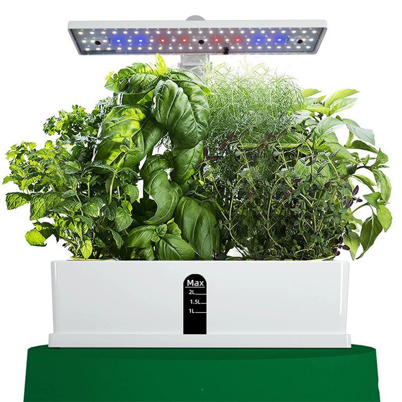 Hydroponic garden planter showcasing a soil-free indoor gardening system with lush green plants growing in a water-based setup.