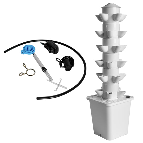White 30-plant hydroponic tower for indoor gardening, featuring a sleek design to grow herbs and vegetables indoors.