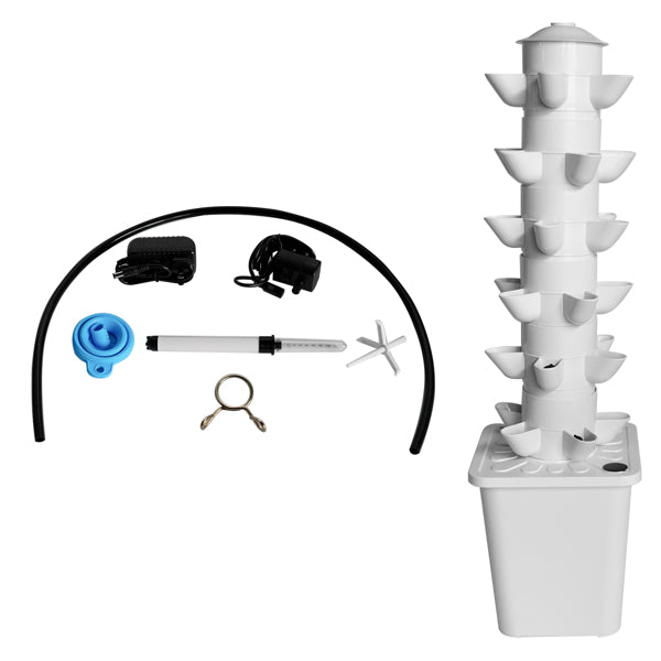 White 30-plant hydroponic tower for indoor gardening, featuring a sleek design to grow herbs and vegetables indoors.