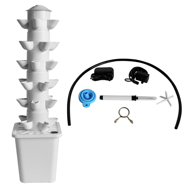 White 30-Plant Hydroponic Tower for indoor gardening, showcasing a sleek vertical garden system with multiple plant slots.