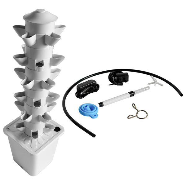 White 30-Plant Hydroponic Tower for indoor gardening, showcasing a sleek vertical garden system for growing plants indoors.